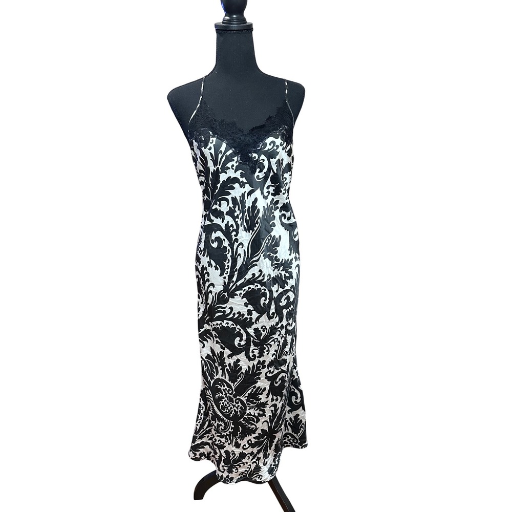 Luna di Seta Black White Baroque Print 100% Silk Lace Trim Slip Dress adjustable